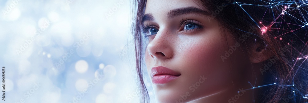 Poster A beautiful young woman with striking features looks off into the distance while surrounded by a flow of digital data streams. Generative AI