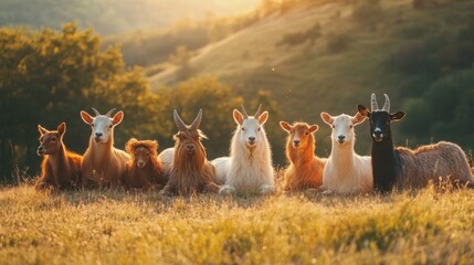 Soft focus animal group photo on a sunny hilltop, with natural smiles, warm lighting, and a relaxed vibe, perfect for a nature-themed stock image