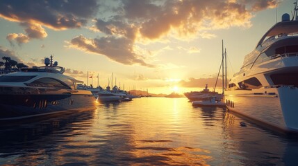 Naklejka premium Marina at sunset with a high-end yacht docked, the peaceful scene symbolizing leisure, luxury, and the ultimate lifestyle of wealth