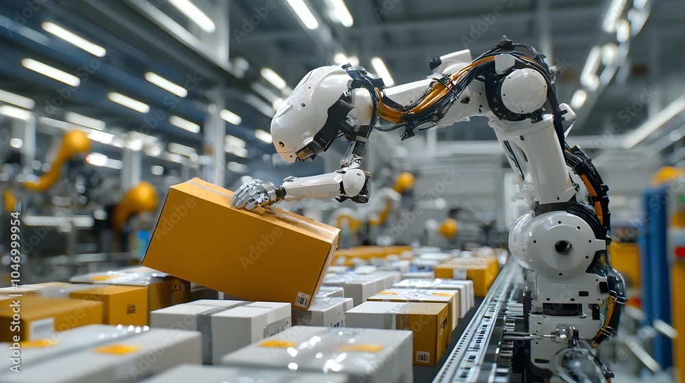 Poster robotic arm automatically placing parcel box onto sorting conveyor belt in modern logistics warehous