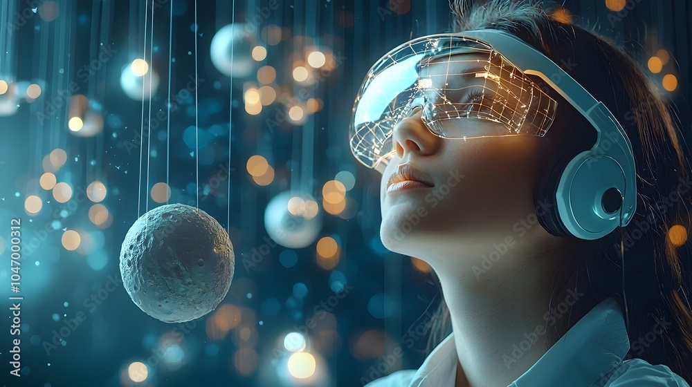 Poster a 3d aerospace engineer closely examining a detailed planetary model suspended by wires conducting r