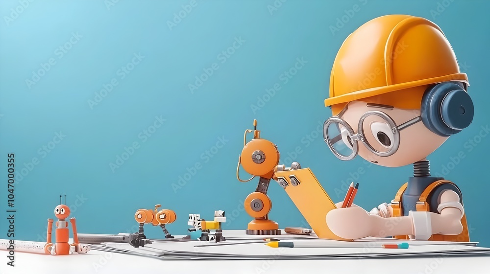 Poster a 3d clay of an industrial engineer designing production lines with cartoon robots the image showcas