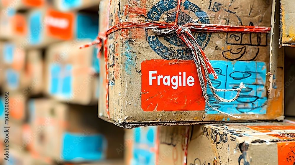 Poster a cardboard parcel box prominently labeled fragile with bright red stickers to indicate delicate con