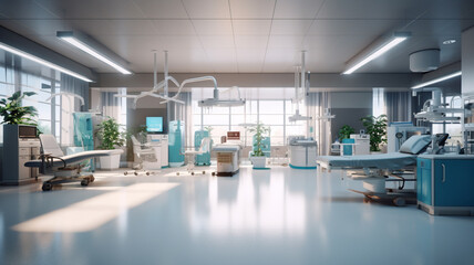 Fototapeta premium A consultation and diagnosis room for patients at a high-end health clinic. modern. Creating a Calm and Healing Environment: A Minimalist Hospital Room with Natural Light Generative AI