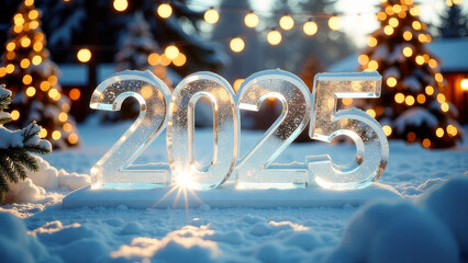 Ice sculpture of 2025 stands in snow with christmas lights glowing in background, celebrating the upcoming new year in a winter wonderland setting
