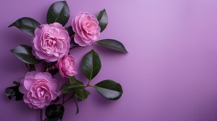 Fototapeta premium Pink camellias with green leaves on a purple background.
