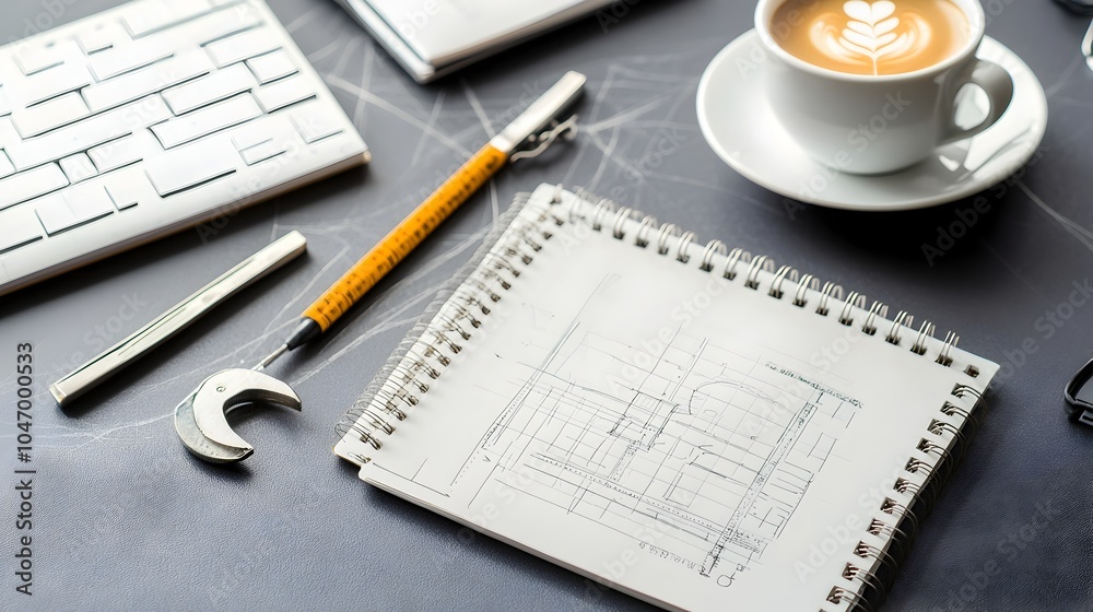 Aufkleber A collection of engineering drafting tools notepads and a cup of coffee on an organized office workspace desk suggesting a productive and creative work environment for technical design planning