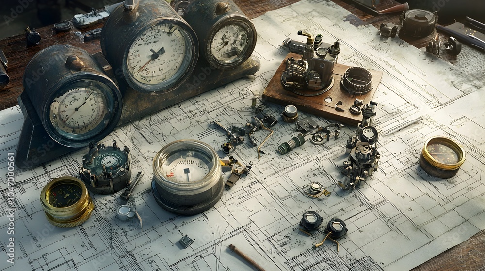 Fototapete a cluttered workspace filled with various mechanical components gauges and tools scattered across a 