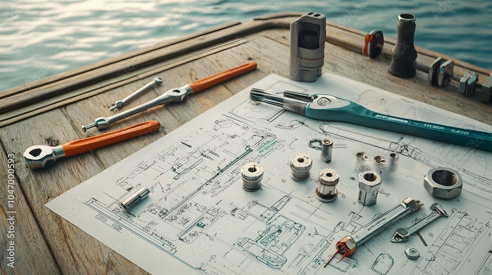 Poster a collection of specialized tools and schematics used by a marine engineer including torque wrenches