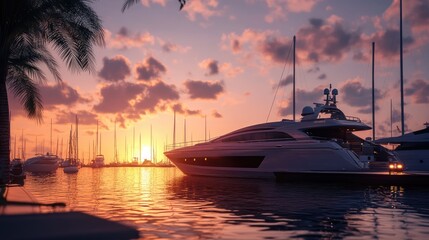 Obraz premium A high-end yacht resting in a marina under a glowing sunset, embodying the essence of wealth, luxury, and elite leisure