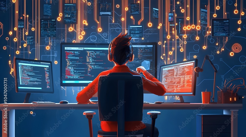 Fototapete a digital showcasing a clay data engineer surrounded by a futuristic glowing data stream flowing thr