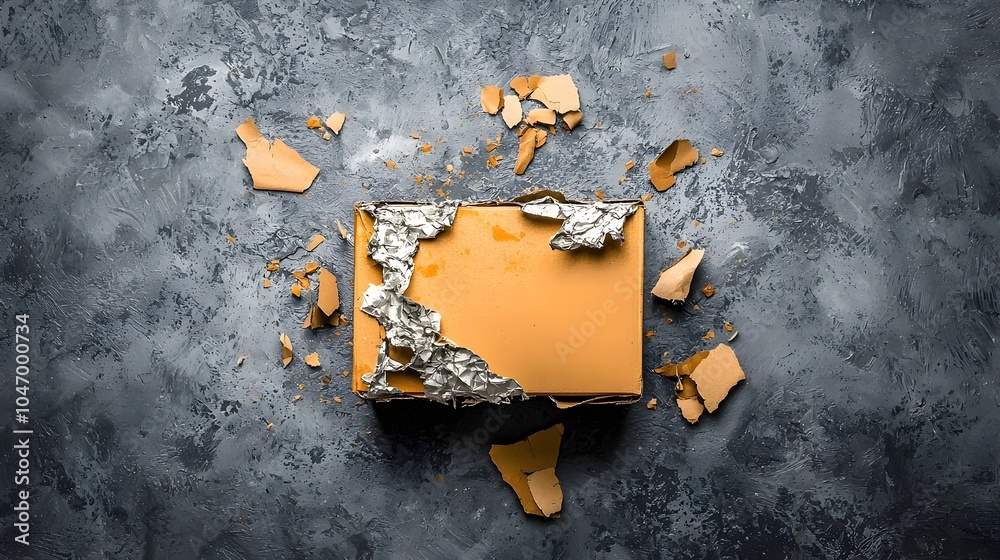 Poster A damaged parcel box with torn and crumpled edges lying on a textured brown background representing the challenges and imperfections of shipping and delivery
