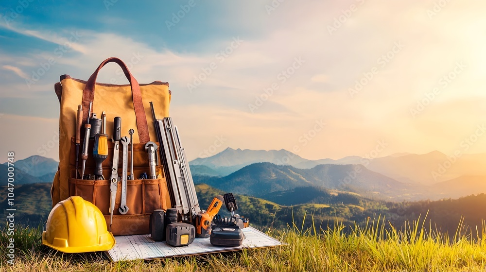 Aufkleber a field engineer s bag with various tools and equipment spilling out positioned next to survey instr