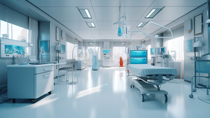 Modern hospital emergency room. New medical technologies.  hospital bed in a modern hospital room. The bed is empty and the room is clean and bright. The photo is taken from a patient's perspective.
