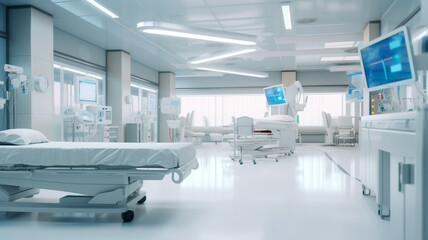 Modern hospital emergency room. New medical technologies.  hospital bed in a modern hospital room. The bed is empty and the room is clean and bright. The photo is taken from a patient's perspective.
