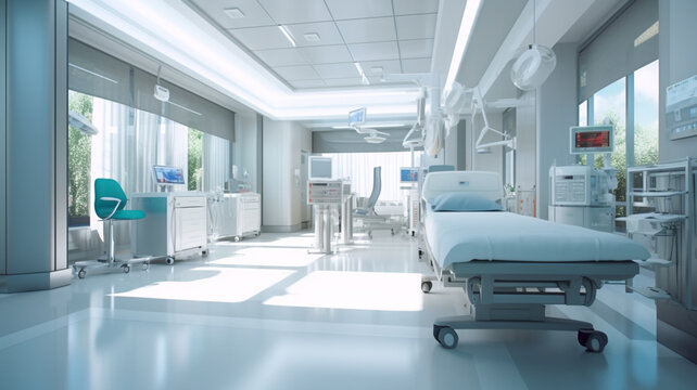 Interior of modern hospital operation room with medical equipment and monitoring screens equipment and medical devices in modern operating room take with art lighting and blue filter