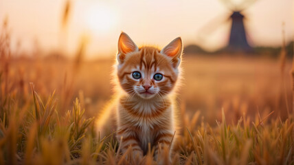 An adorable orange kitten with striking blue eyes sits in a sunlit field, capturing the essence of innocence and playfulness. Perfect for pet-related content, greeting cards, and animal lovers