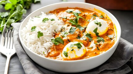 A mouthwatering egg curry dish featuring a rich spicy gravy and tender boiled eggs served alongside a bed of fragrant steamed rice for a complete and satisfying meal