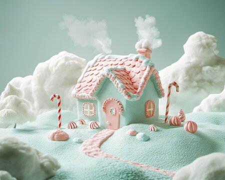 a 3d gingerbread house in animation with a candy cane in its front yard
