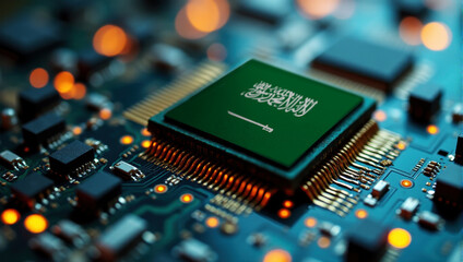 A Saudi Arabia themed chip is embedded on a circuit board with illuminated pathways, highlighting innovation in electronics and cutting-edge hardware.