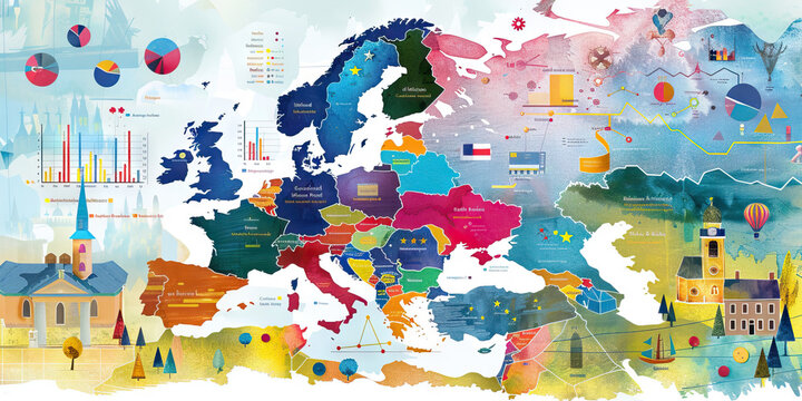 A creative assortment of European charts, ranging from pie to scatter diagrams, exploring various social and economic aspects.