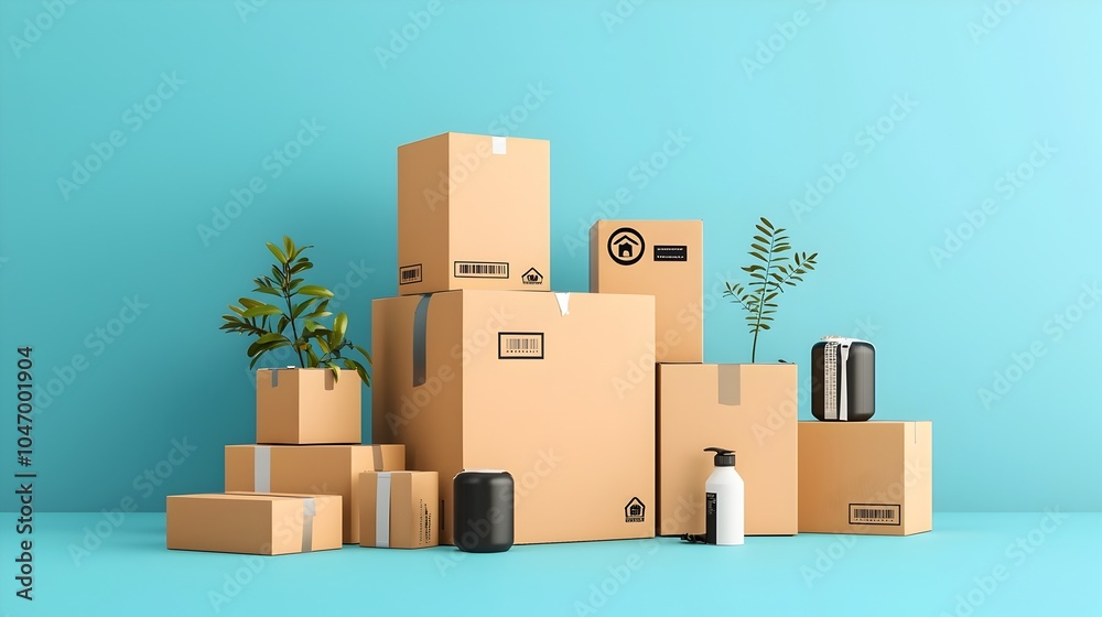 Aufkleber a stack of branded cardboard delivery packages or parcels with visible logos text and shipping infor