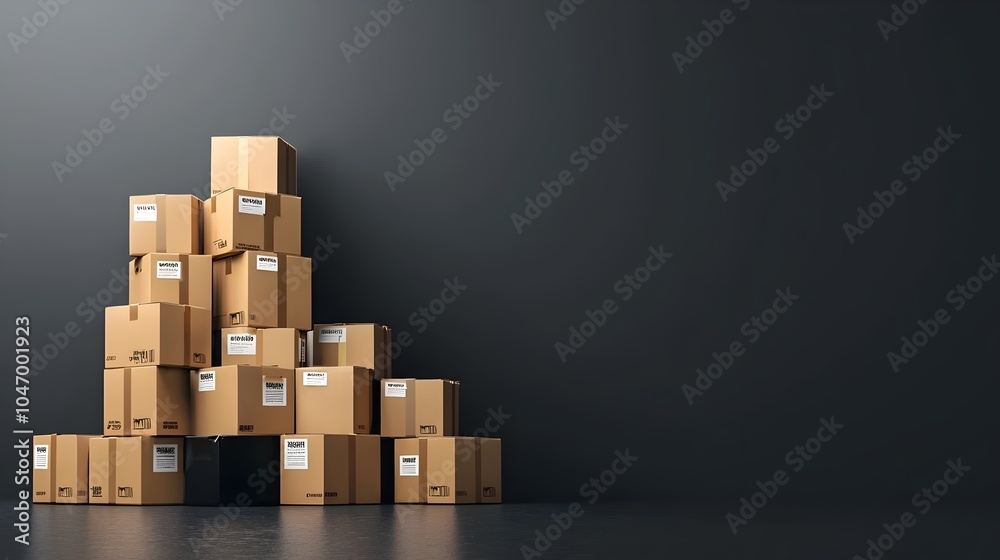 Poster a stack of branded cardboard boxes with visible shipping information and corporate logos showcasing 