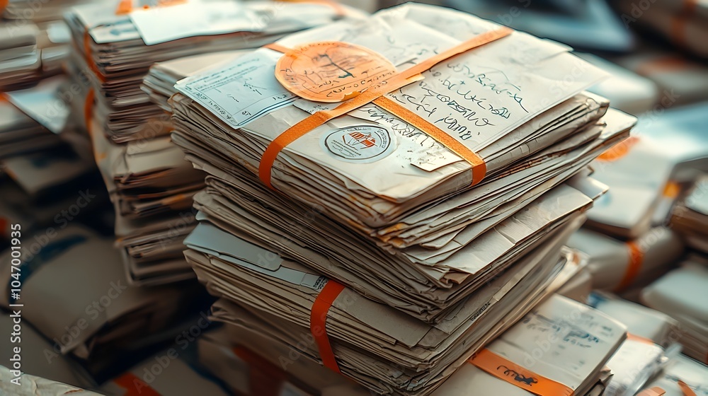 Poster A stack of cardboard boxes or parcels with various customs stickers and labels representing the logistics and transportation of international cargo and freight
