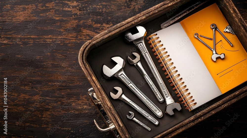 Aufkleber A well organized toolbox filled with various wrenches ratchets and engineering notebooks showcasing the essential tools and resources for mechanical industrial or DIY projects