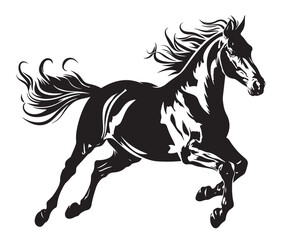 Horse silhouette, isolated outline mustang in vintage style. Horse silhouette, isolated monochrome drawing of animal in engraving motif. Black and white vector illustration.
