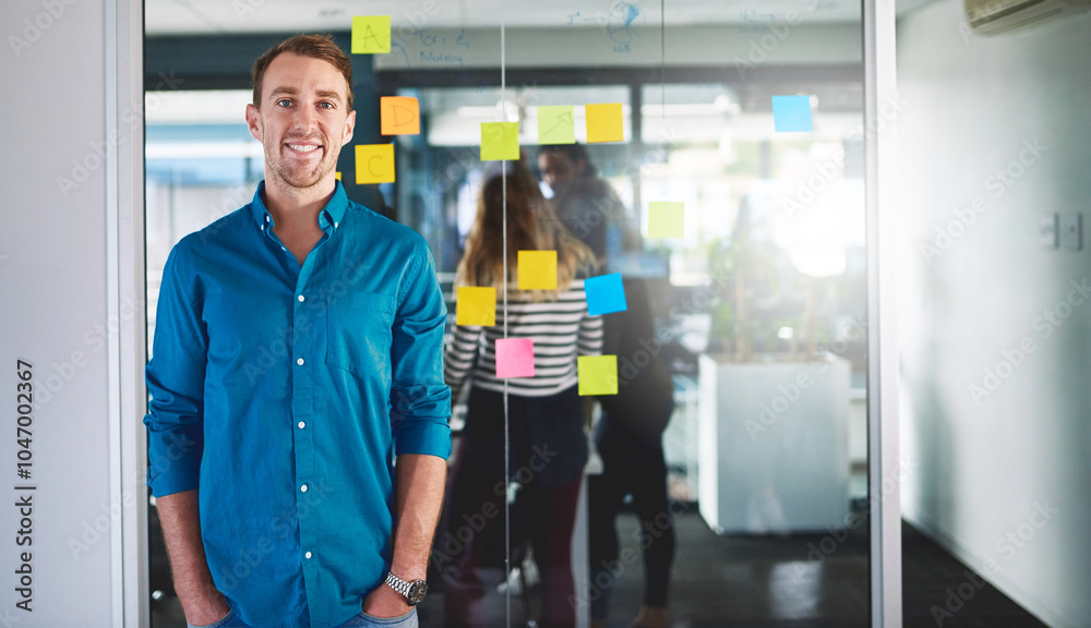 Poster man, business people and portrait in brainstorming with sticky notes, collaboration or creativity. t