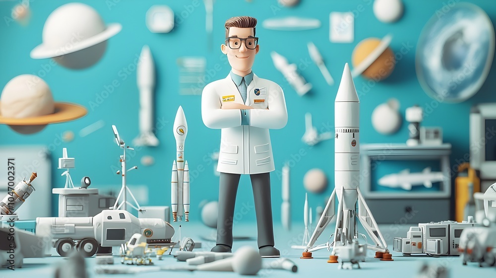 Poster Aerospace Engineer Surrounded by Clay Model Rockets and Satellites in Minimalist Studio Backdrop  3D Rendered Futuristic Engineering Design Concept for Space and Research
