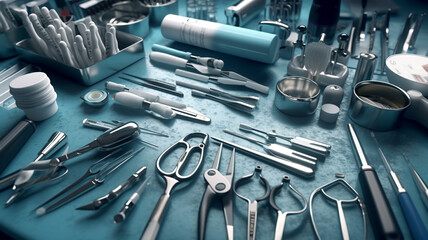 Fototapeta premium Ampules and phials containing a drug dose next to syringes on a surgical tray 