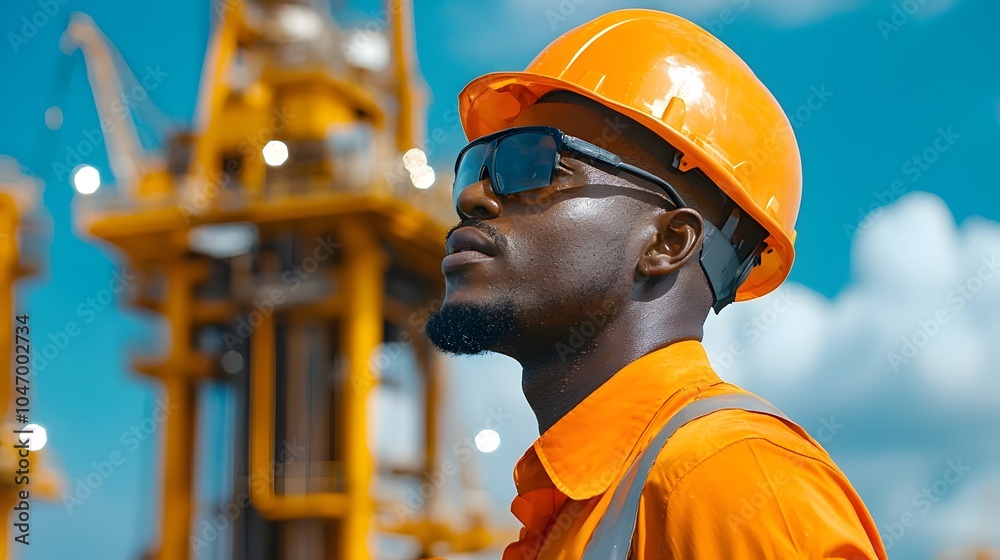 Poster african petroleum engineer inspecting and monitoring offshore oil and gas production platforms rigs 