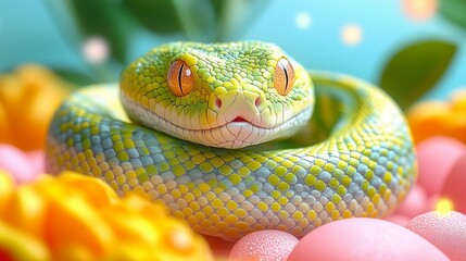 Fototapeta premium A vibrant green snake with yellow eyes, coiled up against a soft background of colorful flowers, showing a relaxed and peaceful expression 