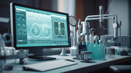 Laboratory scene featuring a collection of glassware, including test tubes, flasks, and beakers, clean and organized workspace, bright and professional