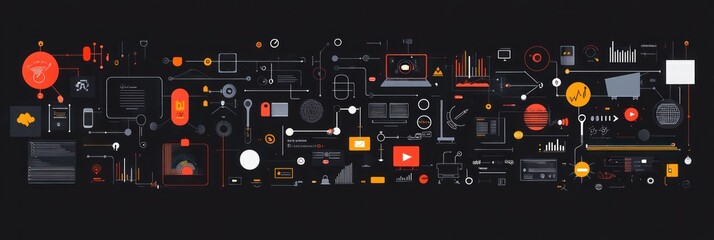 Abstract illustration of interconnected digital icons and elements on black background.