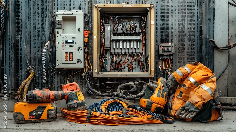 Poster an assortment of power tools and electrical cables neatly arranged next to an open electrical panel 