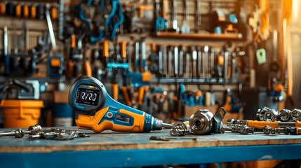 Fototapeta premium An assortment of various mechanical tools including a digital torque wrench displayed on a workshop table showcasing the essential equipment used in industrial and repair settings