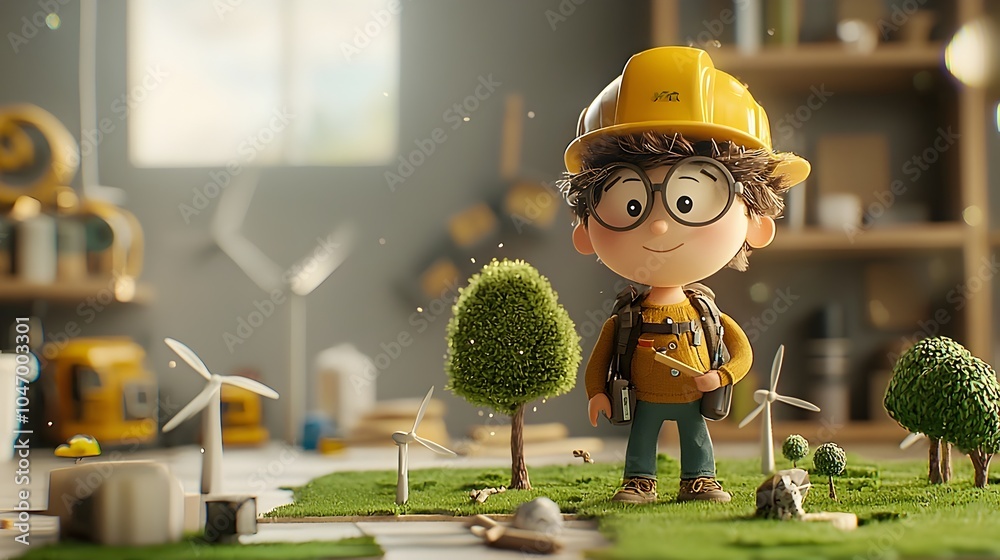 Poster an of a cartoon environmental engineer standing amidst a landscape filled with tiny trees and wind t