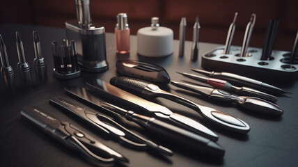 A neatly organized array of grooming tools, including scissors, brushes, and clippers, on a professional salon table  various barbershop implements in order  
