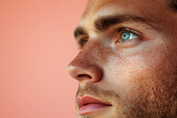 Fototapeta premium Closeup man face with red pimples, inflammation on face and problem skin. Acne, rosacea and couperose therapy. Facial treatment skincare routine and hygiene Cosmetic and beauty banner with copy space