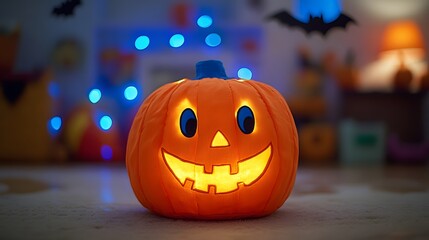 Fototapeta premium Spooky but fun Halloween corner with a pumpkin bean bag and bat wall decorations in a kids room