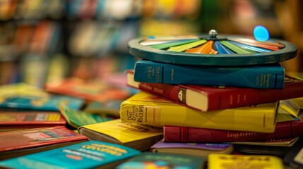 Fototapeta premium An interactive reading game featuring a wheel of different genres and a stack of books adds a fun twist to choosing a book to read.