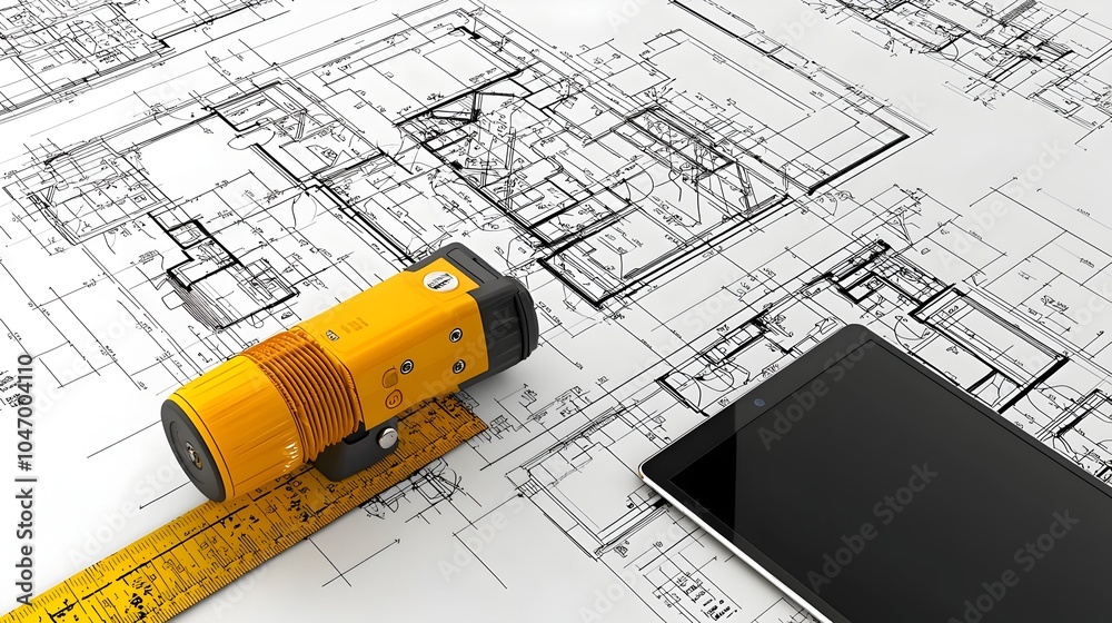 Aufkleber architectural plans laid out on a table alongside a digital tablet and laser measuring device showca