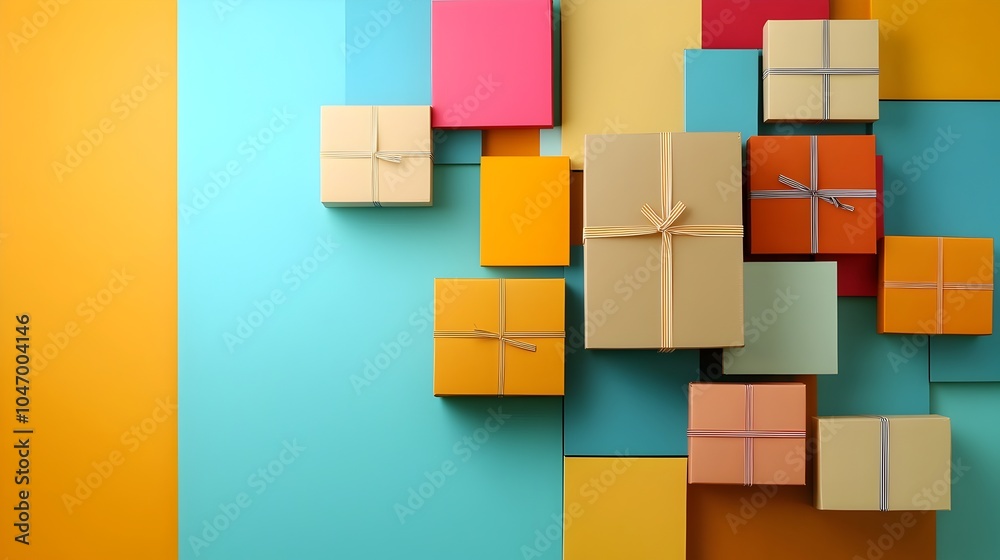 Aufkleber arranged parcel boxes in various colors and patterns set against a vibrant and eye catching background creating a visually appealing concept for online advertisement e commerce and product promotion