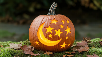 Beautifully carved pumpkin featuring crescent moon and stars, illuminated from within, sits on bed of moss and fallen leaves, creating festive autumn atmosphere