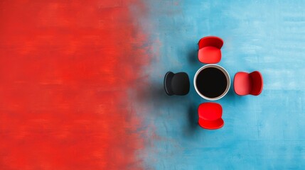 Top view of coffee cup with red and black chairs on colorful red and blue background.