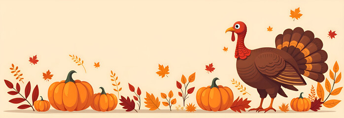 Happy Thanksgiving Day with Turkey Bird, Pumpkin, Leaves and Many Others Elements Background Flat Cartoon Hand Drawn Templates