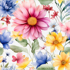 Seamless Colorful flowers  a blue and white floral pattern with a blue flower in the center. The blue flowers are surrounded by green leaves  

